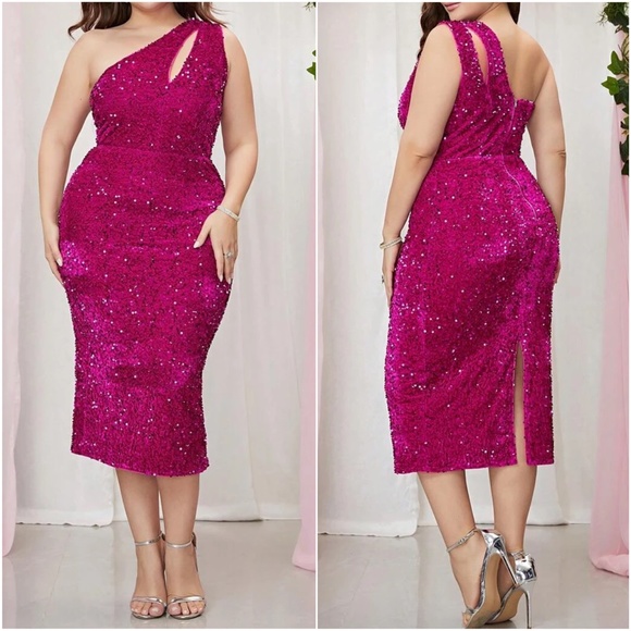 Plus One Shoulder Sequin Evening Party Sexy Wedding Dress - Picture 6 of 7